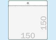 legatoria Busta U. foro. 150x150mm TRASPARENTE, con lato sporgente e con foro da 5mm per lappensione, in PCV morbido da 100  micron, aperta sul lato corto. Formato esterno 160x160mm. Senza patella di chiusura LEG4322