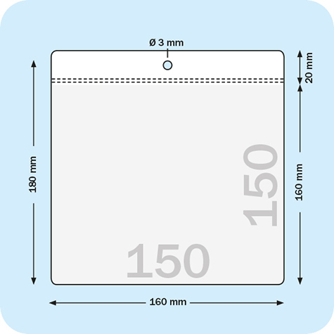 legatoria Busta U. foro. 150x150mm TRASPARENTE, con lato sporgente e con foro da 5mm per l�appensione, in PCV morbido da 100  micron, aperta sul lato corto. Formato esterno 160x160mm. Senza patella di chiusura.