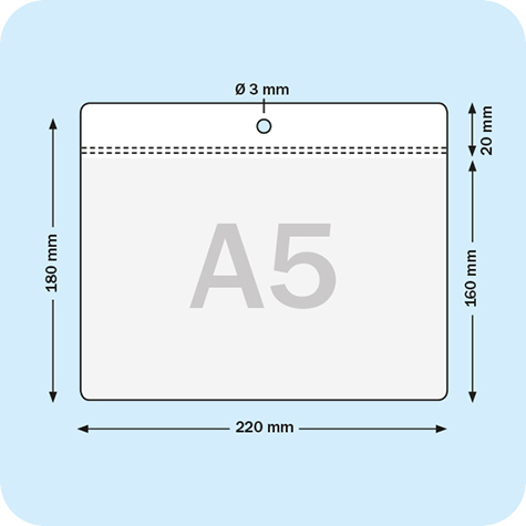 legatoria Busta APPENDIBILE 148x210mm(A5). LANDSCAPE TRASPARENTE, con lato sporgente e con foro da 5mm per lappensione, in PVC morbido da 180 micron, aperta sul lato lungo. Contiene fogli formato A5 (15x21cm). Formato esterno 157x228mm. Senza patella di chiusura.