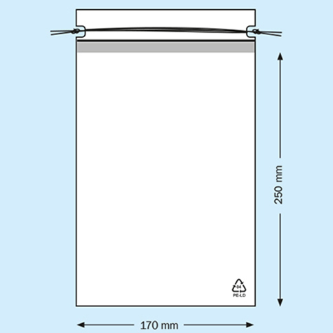 legatoria Sacchetto chiusura a laccio, 170x250mm TRASPARENTE, in polietilene da 50 micron, aperto sul lato corto.