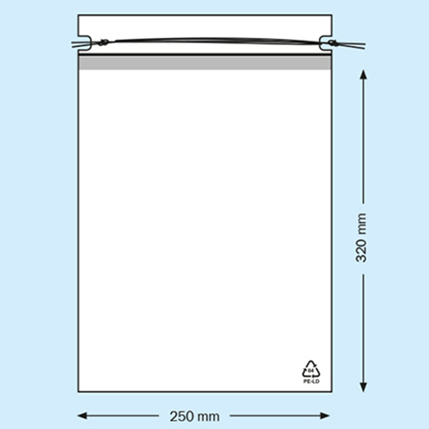 legatoria Sacchetto chiusura a laccio, 250x320mm TRASPARENTE, in polietilene da 50 micron, aperto sul lato corto.