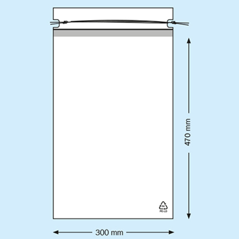 legatoria Sacchetto chiusura a laccio. 300x470mm TRASPARENTE, in polietilene da 50 micron, aperto sul lato corto.