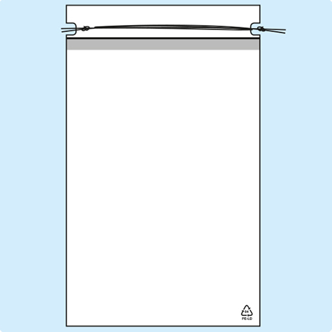 legatoria Sacchetto chiusura a laccio, 400x570mm TRASPARENTE, in polietilene da 50 micron, aperto sul lato corto.