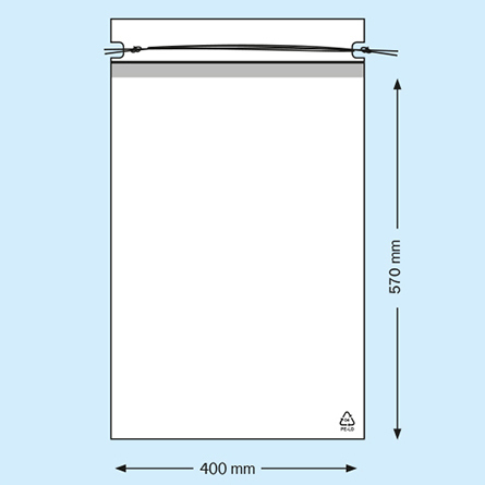 legatoria Sacchetto chiusura a laccio, 400x570mm TRASPARENTE, in polietilene da 50 micron, aperto sul lato corto.