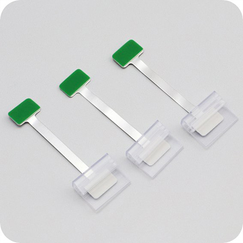 legatoria Supporto per cartelli Wobbler, 75x5-15mm ALLUMINIO pieghevole. Con una estremit autoadesiva in schiuma di polietilene e supporto laterale per binario scanner nell'altra estremit.