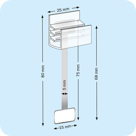legatoria Supporto per cartelli Wobbler, 75x5-15mm ALLUMINIO pieghevole. Con una estremit autoadesiva in schiuma di polietilene e supporto laterale per binario scanner nell'altra estremit.