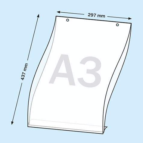 legatoria PortaLocandinaAppendivile A3Verticale 297x420mm PortaCartello TRASPARENTE, con 2 FORI per appensione (5mm), formato A3 (297x420mm). In PVC rigido da 400 micron antiriflesso.