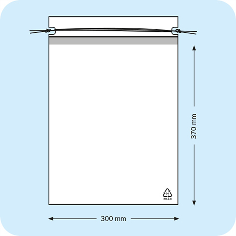 legatoria Sacchetto chiusura a laccio. 300x370mm TRASPARENTE, in polietilene da 50 micron, aperto sul lato corto.