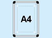 legatoria Cornice a telaio alluminio, A4 ANGOLI ARROTONDATI. Per fogli di dimensione A4(210x297mm). Dimensioni esterne: 310x398mm. Area visibile: 210x297mm. Altezza profilo: 10mm. Dotata di ganci mobili per appensione a soffitto o parte.