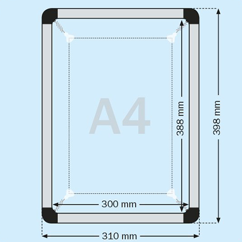 legatoria Cornice a telaio alluminio, A4 ANGOLI ARROTONDATI. Per fogli di dimensione A4(210x297mm). Dimensioni esterne: 310x398mm. Area visibile: 210x297mm. Altezza profilo: 10mm. Dotata di ganci mobili per appensione a soffitto o parte.