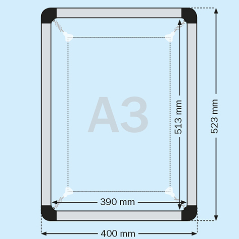 legatoria Cornice a telaio alluminio, A3 ANGOLI ARROTONDATI. Per fogli di dimensione A3(297x420mm). Dimensioni esterne: 400x523mm. Area visibile: 297x420mm. Altezza profilo: 10mm. Dotata di ganci mobili per appensione a soffitto o parte.