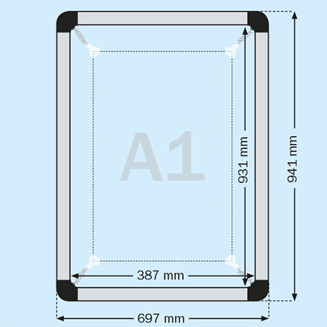 legatoria Cornice a telaio alluminio, A1 ANGOLI ARROTONDATI. Per fogli di dimensione A1(594x841mm). Dimensioni esterne: 697x941mm. Area visibile: 594x841mm. Altezza profilo: 10mm. Dotata di ganci mobili per appensione a soffitto o parte.