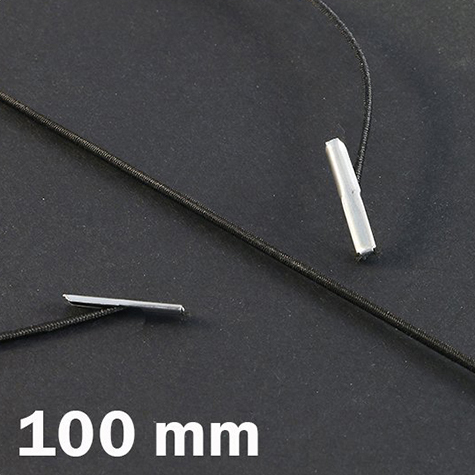 legatoria Elastico con 2 capicorda, lunghezza 100mm NERO, lunghezza 100mm (compresi i 2 capicorda), elastico a sezione tonda rivestito in tessuto, spessore 1mm.