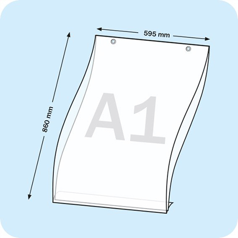 legatoria PortaLocandinaAppendivile A1Verticale 594x841mm PortaCartello TRASPARENTE, con 2 FORI per appensione (5mm), formato A1 (594x841mm). In PVC rigido da 400 micron antiriflesso.