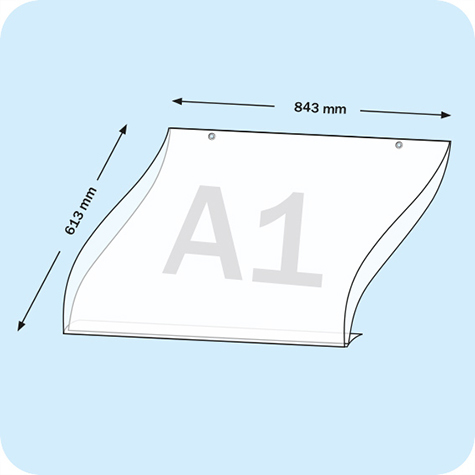 legatoria PortaLocandinaAppendivile A1orizzontale 594x841mm PortaCartello TRASPARENTE, con 2 FORI per appensione (5mm), formato A1 (594x841mm). In PVC rigido da 400 micron antiriflesso.