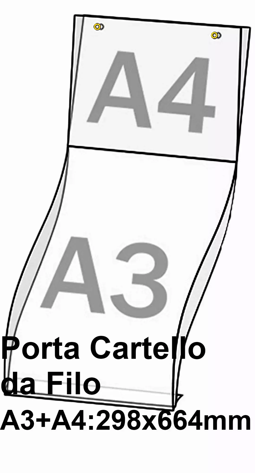 legatoria PortaLocandinaAppendibile A3eA4  298x664mm PortaCartello TRASPARENTE, con 2 FORI per appensione (5mm). Per inserire verticalmente formati A3 (297x420mm) e orrizzontalmente formati A4(210x297mm). In PVC rigido da 400 micron.