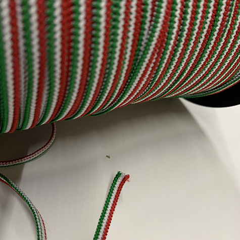 legatoria Elastico mascherine piatto, altezza5mm, TRICOLORE elastico in fettuccia rivestito in tessuto. ADATTO PER MASCHERINE.