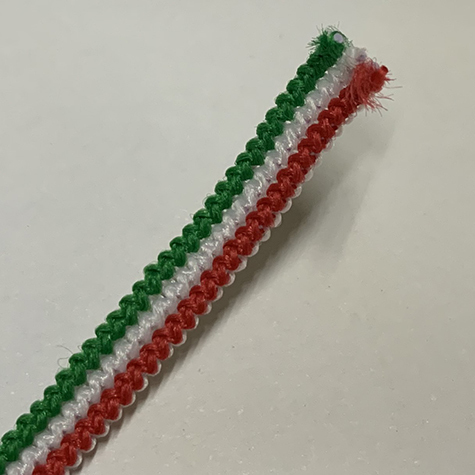 legatoria Elastico mascherine piatto, altezza5mm, TRICOLORE elastico in fettuccia rivestito in tessuto. ADATTO PER MASCHERINE.