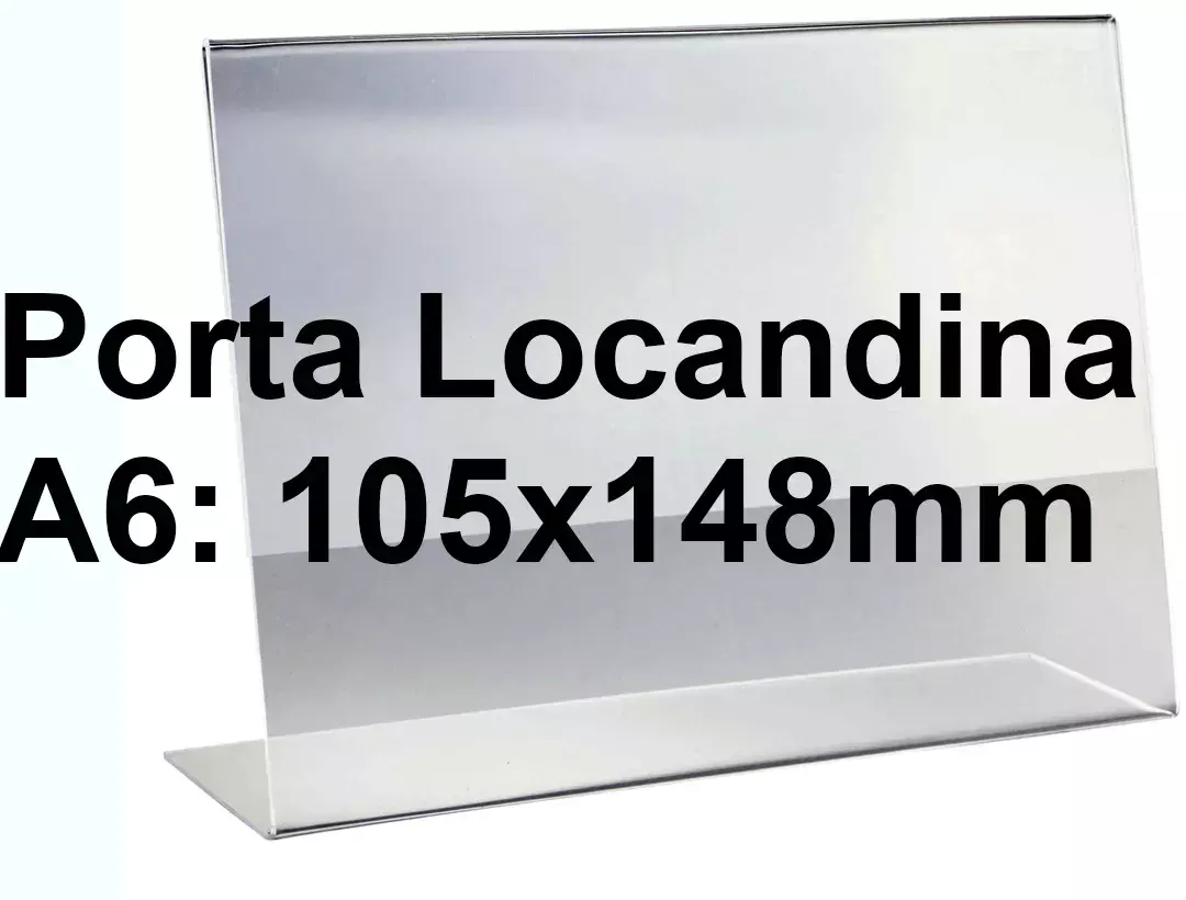 legatoria PortaLocandinaPlexiglass, DaTavoloMonofacciale, A6orizzontale, 105x148mm PortaCartello TRASPARENTE, in Plexiglass da 1,5mm, formato A6 (106x151mm) a disposizione orizzontale.