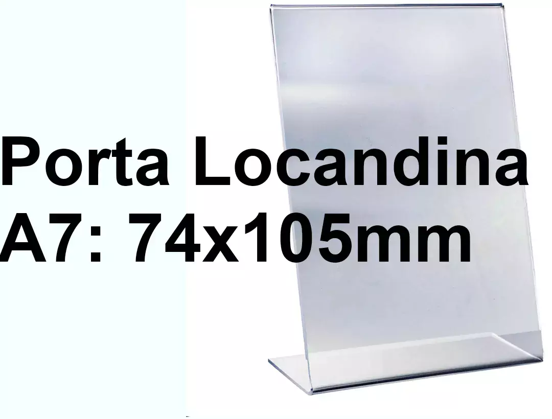 legatoria PortaLocandinaPlexiglass, DaTavoloMonofacciale, A7verticale, 74x105mm PortaCartello TRASPARENTE, in Plexiglass da 1,5mm, formato A7 (75x106 mm) a disposizione verticale.