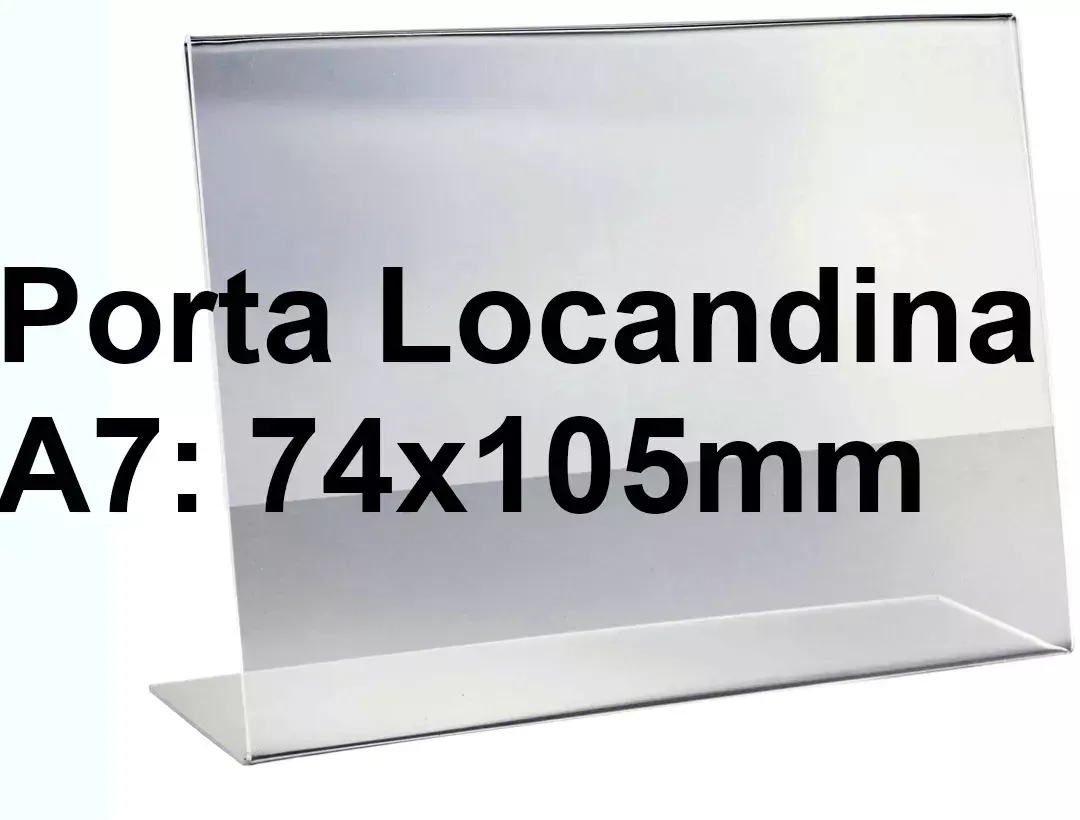 legatoria PortaLocandinaPlexiglass, DaTavoloMonofacciale, A7orizzontale, 74x105mm PortaCartello TRASPARENTE, in Plexiglass da 1,5mm, formato A7 (75106mm) a disposizione orizzontale.