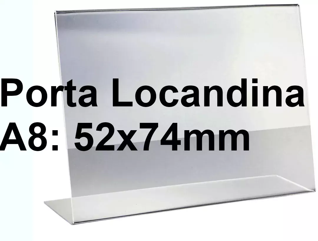 legatoria PortaLocandinaPlexiglass, DaTavoloMonofacciale, A8orizzontale, 52x74mm PortaCartello TRASPARENTE, in Plexiglass da 1,5mm, formato A8 (54x76mm) a disposizione orizzontale.