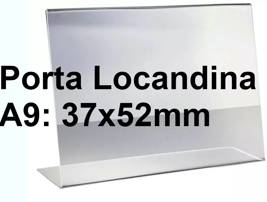 legatoria PortaLocandinaPlexiglass, DaTavoloMonofacciale, A9orizzontale, 37x52mm PortaCartello TRASPARENTE, in Plexiglass da 1,5mm, formato A9 (39x54mm) a disposizione orizzontale.
