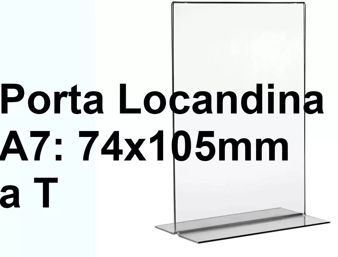 legatoria PortaLocandinaPlexiglass, DaTavoloBifacciale, A7verticale, 74x105mm PortaCartello TRASPARENTE, in Plexiglass da 1,5mm, formato A7 (75x106mm) a disposizione verticale, base a T larga 54mm. La disposizione perfettamente verticale consente di inserire un depliant visibile su entrambi i lati. Ideale per ogni tipo di comunicazione     .