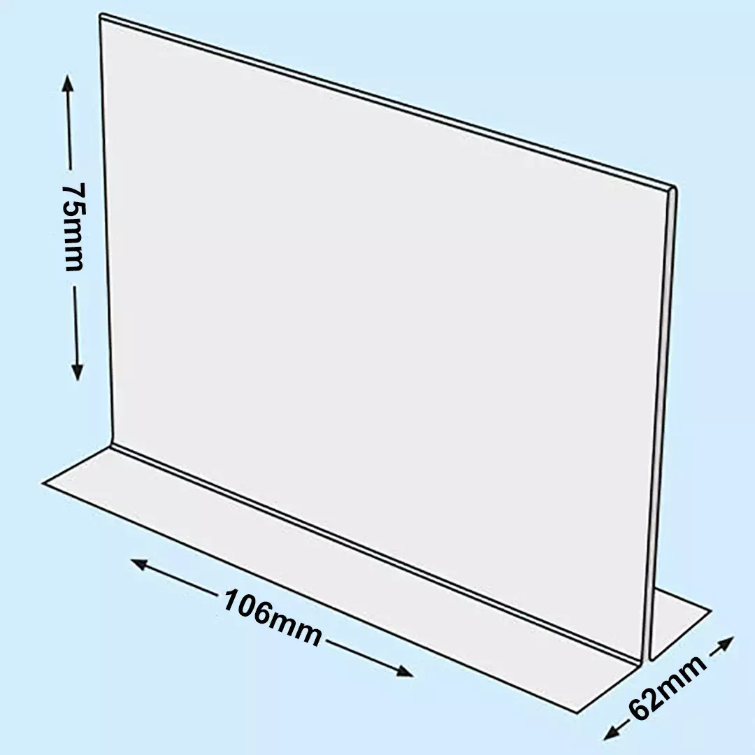 legatoria PortaLocandinaPlexiglass, DaTavoloBifacciale, A7orizzontale, 74x105mm PortaCartello TRASPARENTE, in Plexiglass da 1,5mm, formato A7 (75x106mm) a disposizione orizzontale, base a T larga 62mm. La disposizione perfettamente orizzontale consente di inserire un depliant visibile su entrambi i lati. Ideale per ogni tipo di comunicazione     .