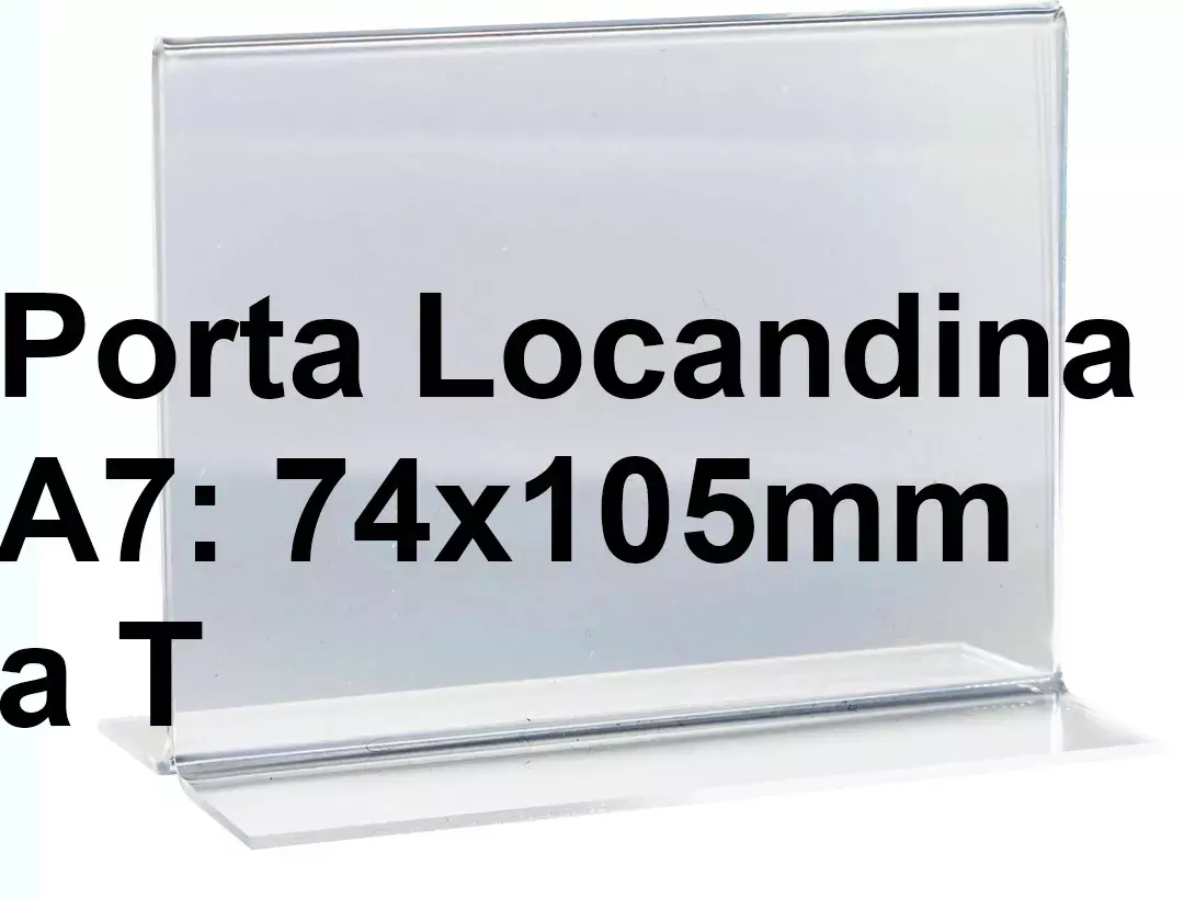 legatoria PortaLocandinaPlexiglass, DaTavoloBifacciale, A7orizzontale, 74x105mm PortaCartello TRASPARENTE, in Plexiglass da 1,5mm, formato A7 (75x106mm) a disposizione orizzontale, base a T larga 62mm. La disposizione perfettamente orizzontale consente di inserire un depliant visibile su entrambi i lati. Ideale per ogni tipo di comunicazione     .