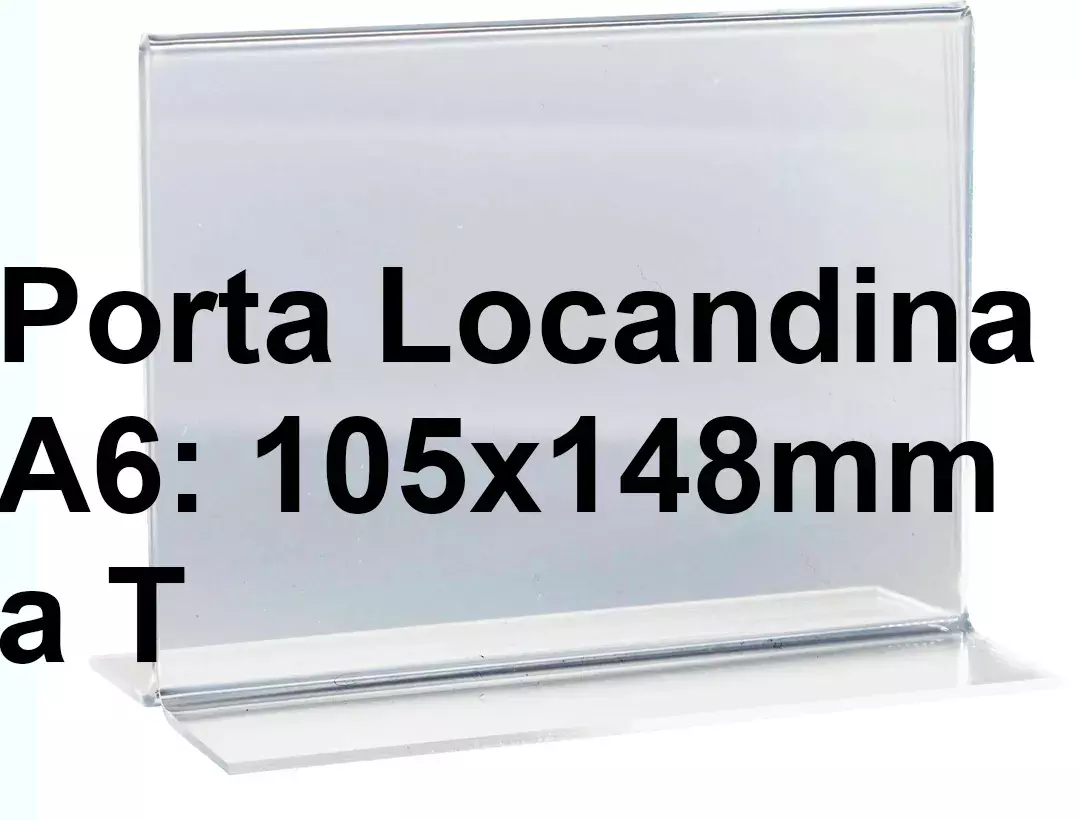 legatoria PortaLocandinaPlexiglass, DaTavoloBifacciale, A6orizzontale, 105x148mm PortaCartello TRASPARENTE, in Plexiglass da 1,5mm, formato A6 (106x151mm) a disposizione orizzontale, base a T larga 51mm. La disposizione perfettamente orizzontale consente di inserire un depliant visibile su entrambi i lati. Ideale per ogni tipo di comunicazione     .