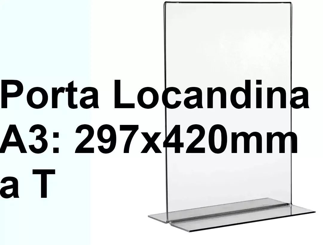 legatoria PortaLocandinaPlexiglass, DaTavoloBifacciale, A3verticale, 297x420 mm PortaCartello TRASPARENTE, in Plexiglass da 1,5mm, formato A3 (299x425mm) a disposizione vericale, base a T larga 108mm. La disposizione perfettamente verticale consente di inserire un depliant visibile su entrambi i lati. Ideale per ogni tipo di comunicazione     .