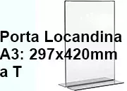 legatoria PortaLocandinaPlexiglass, DaTavoloBifacciale, A3verticale, 297x420 mm PortaCartello TRASPARENTE, in Plexiglass da 1,5mm, formato A3 (299x425mm) a disposizione vericale, base a T larga 108mm. La disposizione perfettamente verticale consente di inserire un depliant visibile su entrambi i lati. Ideale per ogni tipo di comunicazione      LEG4448