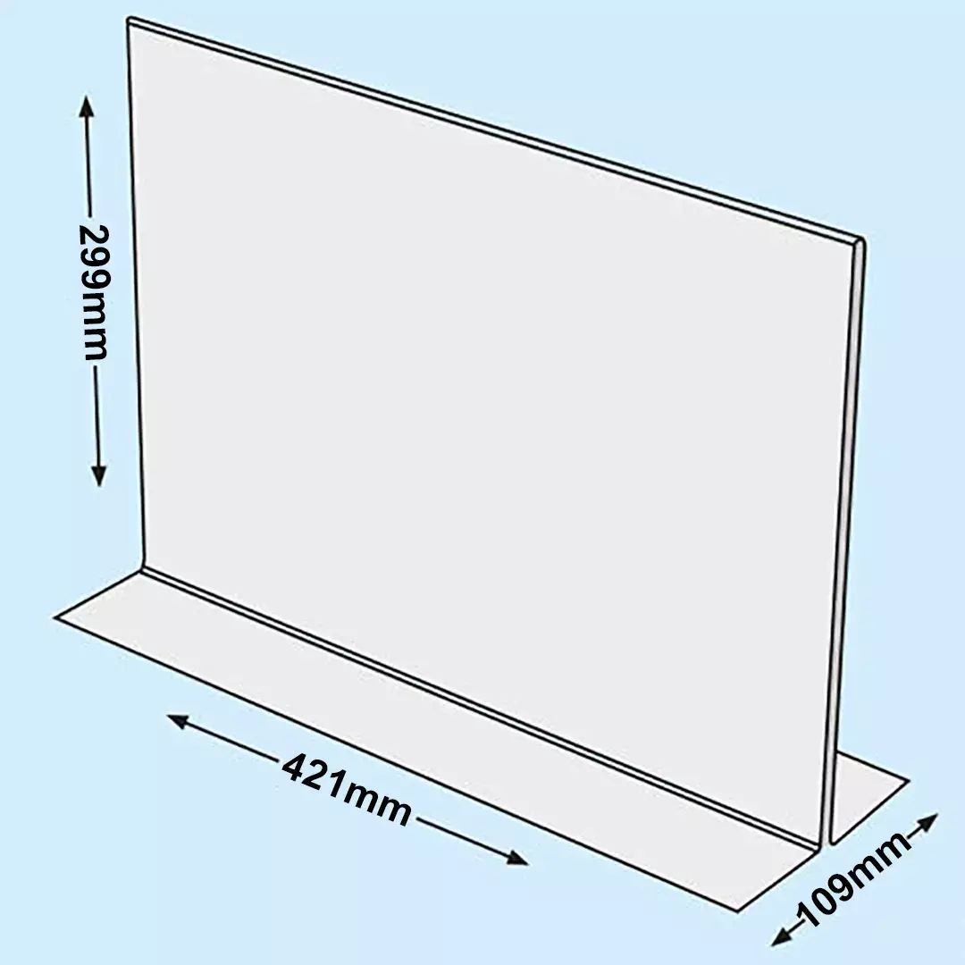 legatoria PortaLocandinaPlexiglass, DaTavoloBifacciale, A3orizzontale, 297x420 mm PortaCartello TRASPARENTE, in Plexiglass da 1,5mm, formato A3 (299x421mm) a disposizione orizzontale, base a T larga 109mm. La disposizione perfettamente orizzontale consente di inserire un depliant visibile su entrambi i lati. Ideale per ogni tipo di comunicazione     .