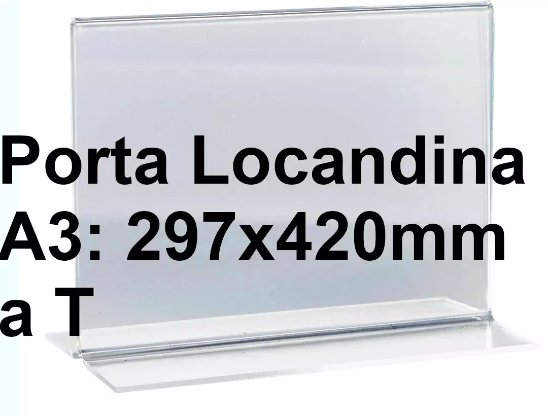 legatoria PortaLocandinaPlexiglass, DaTavoloBifacciale, A3orizzontale, 297x420 mm PortaCartello TRASPARENTE, in Plexiglass da 1,5mm, formato A3 (299x421mm) a disposizione orizzontale, base a T larga 109mm. La disposizione perfettamente orizzontale consente di inserire un depliant visibile su entrambi i lati. Ideale per ogni tipo di comunicazione     .