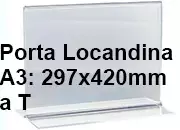 legatoria PortaLocandinaPlexiglass, DaTavoloBifacciale, A3orizzontale, 297x420 mm PortaCartello TRASPARENTE, in Plexiglass da 1,5mm, formato A3 (299x421mm) a disposizione orizzontale, base a T larga 109mm. La disposizione perfettamente orizzontale consente di inserire un depliant visibile su entrambi i lati. Ideale per ogni tipo di comunicazione     .