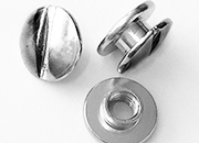 legatoria Viti sepolte rilegatura, NICHELATE 2mm lunghezza mm 2, testa diametro 10mm, tubetto diametro 5mm, una testa fissa ed una mobile. Per lunghezza, si intende la distanza INTERNA tra le due teste, che corrisponde allo spessore del volume da rilegare leg445