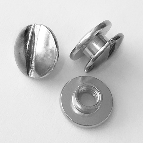 legatoria Viti sepolte rilegatura, NICHELATE 2mm lunghezza mm 2, testa diametro 10mm, tubetto diametro 5mm, una testa fissa ed una mobile. Per lunghezza, si intende la distanza INTERNA tra le due teste, che corrisponde allo spessore del volume da rilegare.