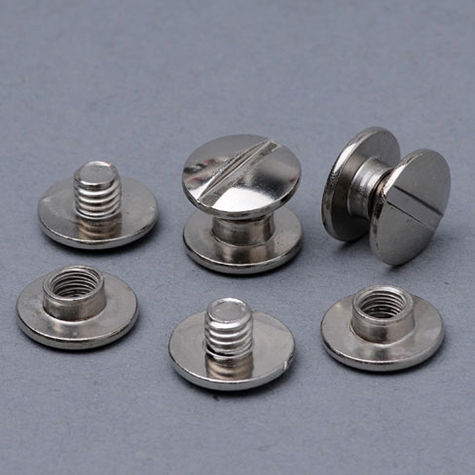 legatoria Viti sepolte rilegatura, NICHELATE 2mm lunghezza mm 2, testa diametro 10mm, tubetto diametro 5mm, una testa fissa ed una mobile. Per lunghezza, si intende la distanza INTERNA tra le due teste, che corrisponde allo spessore del volume da rilegare.