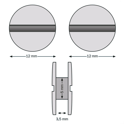 legatoria Viti sepolte rilegatura, NICHELATE, 3,5mm lunghezza mm 3,5, testa diametro 10mm, tubetto diametro 5mm, una testa fissa ed una mobile. Per lunghezza, si intende la distanza INTERNA tra le due teste, che corrisponde allo spessore del volume da rilegare.