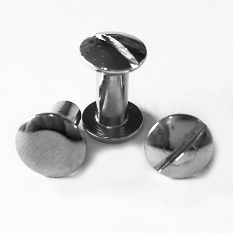 legatoria Viti sepolte rilegatura, NICHELATE, 10mm lunghezza mm 10, testa diametro 10mm, tubetto diametro 5mm, una testa fissa ed una mobile. Per lunghezza, si intende la distanza INTERNA tra le due teste, che corrisponde allo spessore del volume da rilegare.