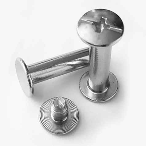 legatoria Viti sepolte rilegatura, NICHELATE, 20mm testa diametro 10mm, tubetto diametro 5mm, una testa fissa ed una mobile. La testa mobile ha intaglio a cacciavite e a croce. Per lunghezza, si intende la distanza INTERNA tra le due teste, che corrisponde allo spessore del volume da rilegare.