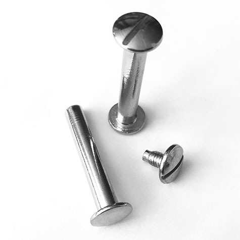 legatoria Viti sepolte rilegatura, NICHELATE, 25mm lunghezza mm 25, testa diametro 10mm, tubetto diametro 5mm, una testa fissa ed una mobile. Per lunghezza, si intende la distanza INTERNA tra le due teste, che corrisponde allo spessore del volume da rilegare.