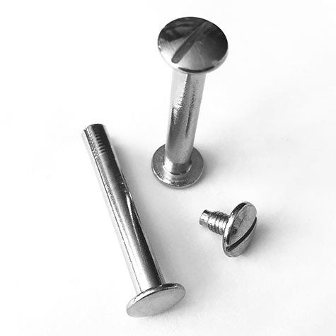 legatoria Viti sepolte rilegatura, NICHELATE, 40mm lunghezza mm 40, testa diametro 10mm, tubetto diametro 5mm, una testa fissa ed una mobile. Per lunghezza, si intende la distanza INTERNA tra le due teste, che corrisponde allo spessore del volume da rilegare.