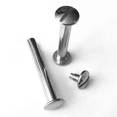 legatoria Viti sepolte rilegatura, NICHELATE, 50mm lunghezza mm 50, testa diametro 10mm, tubetto diametro 5mm, una testa fissa ed una mobile. Per lunghezza, si intende la distanza INTERNA tra le due teste, che corrisponde allo spessore del volume da rilegare.