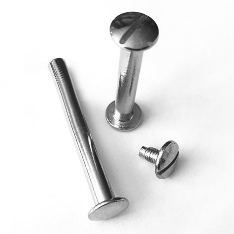 legatoria Viti sepolte rilegatura, NICHELATE, 75mm lunghezza mm 75, testa diametro 10mm, tubetto diametro 5mm, una testa fissa ed una mobile. Per lunghezza, si intende la distanza INTERNA tra le due teste, che corrisponde allo spessore del volume da rilegare.