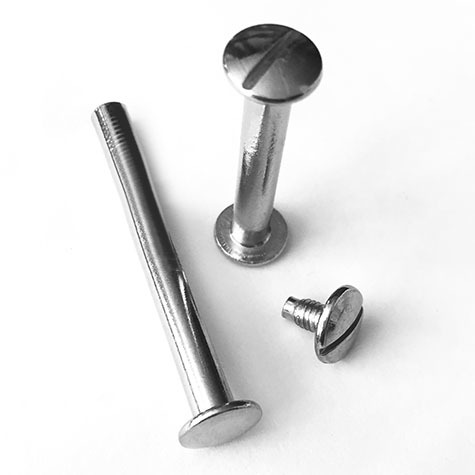 legatoria Viti sepolte rilegatura, NICHELATE, 85mm lunghezza mm 85, testa diametro 10mm, tubetto diametro 5mm, una testa fissa ed una mobile. Per lunghezza, si intende la distanza INTERNA tra le due teste, che corrisponde allo spessore del volume da rilegare.