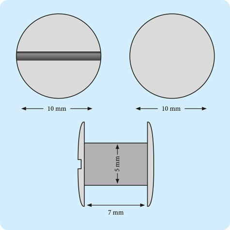 legatoria Viti sepolte rilegatura, OTTONATE, 7mm lunghezza 7 mm, testa diametro 10mm, tubetto diametro 5mm, una testa fissa ed una mobile. Per lunghezza, si intende la distanza INTERNA tra le due teste, che corrisponde allo spessore del volume da rilegare.