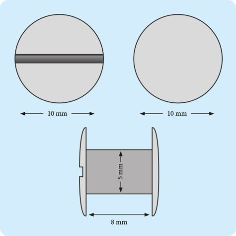 legatoria Viti sepolte rilegatura, OTTONATE, 8mm lunghezza 8 mm, testa diametro 10mm, tubetto diametro 5mm, una testa fissa ed una mobile. Per lunghezza, si intende la distanza INTERNA tra le due teste, che corrisponde allo spessore del volume da rilegare.
