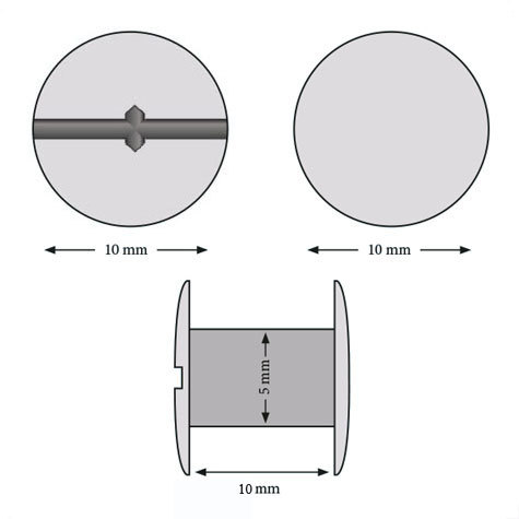 legatoria Vite sepolta ottonata, lunghezza 15mm lunghezza 15 mm, testa diametro 10mm, tubetto diametro 5mm, una testa fissa ed una mobile.  La testa mobile ha intaglio a cacciavite e a croce. Per lunghezza, si intende la distanza INTERNA tra le due teste, che corrisponde allo spessore del volume da rilegare.